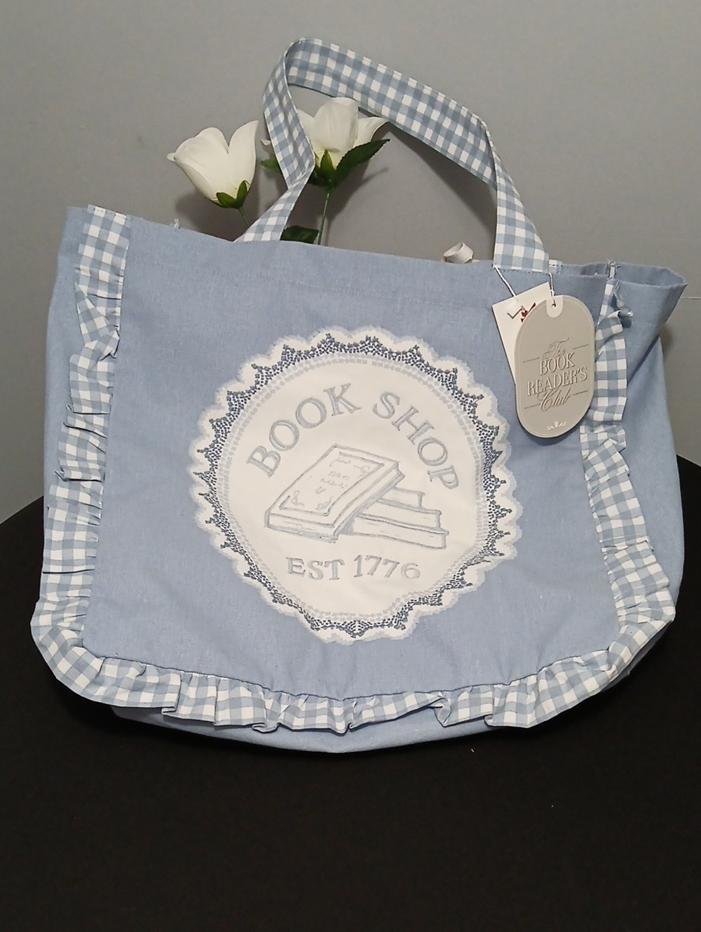 Light Blue Cotton Tote Bag with Gingham Trim - Book Shop Design NWT